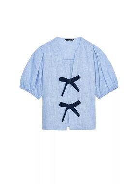 Zara Linen Tie Blouse with Puff Sleeves